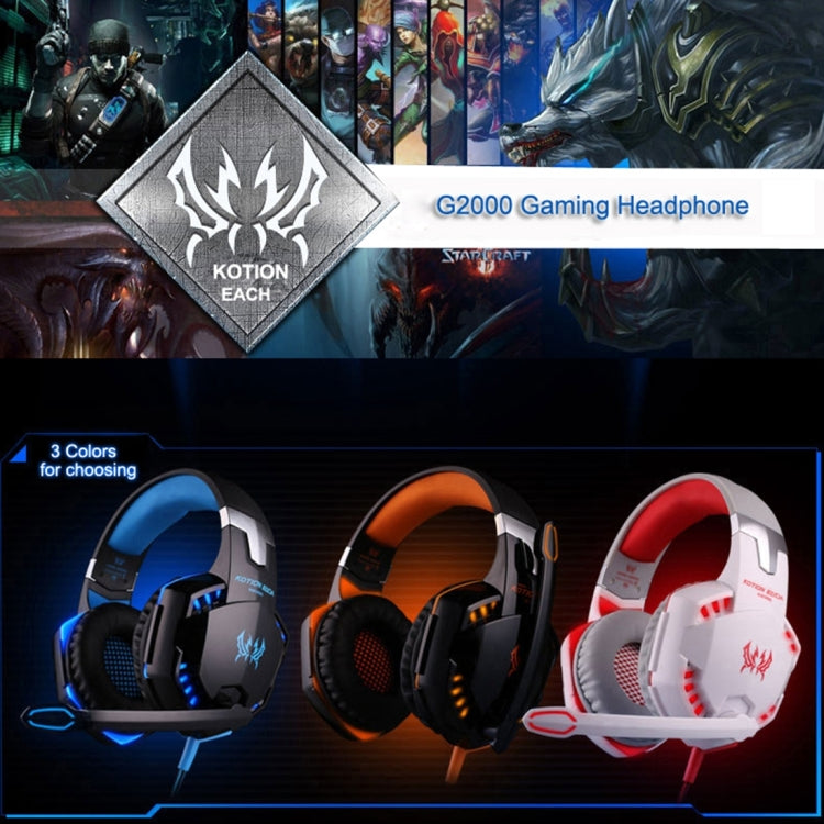 KOTION EACH G2000 หูฟังเล่นเกมแบบครอบหูชุดหูฟังหูฟังแบบคาดศีรษะพร้อมไมโครโฟนสเตอริโอเบสไฟ LED สำหรับนักเล่นเกมพีซี ความยาวสายเคเบิล: ประมาณ 2.2 ม. (สีขาว + แดง), G2000