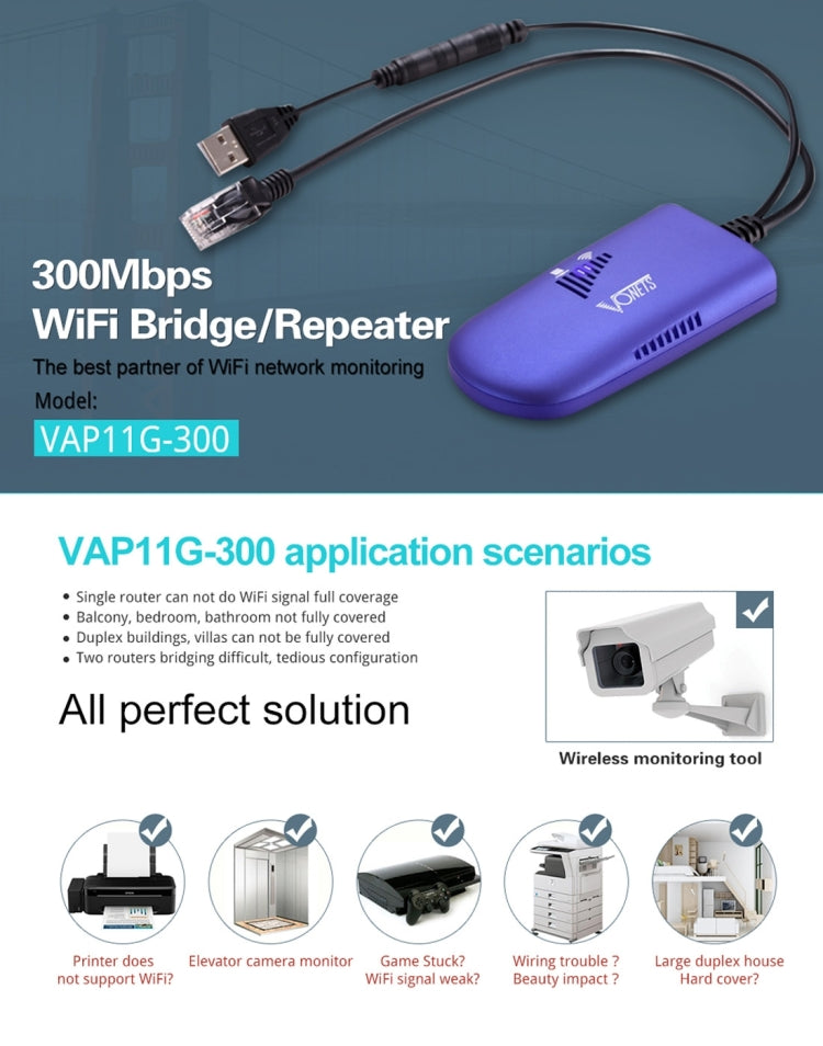 VONETS VAP11G-300 Mini WiFi 300Mbps Bridge WiFi Repeater, พันธมิตรที่ดีที่สุดของอุปกรณ์ IP / กล้อง IP / เครื่องพิมพ์ IP / XBOX / PS3 / IPTV / Skybox, VAP11G-300