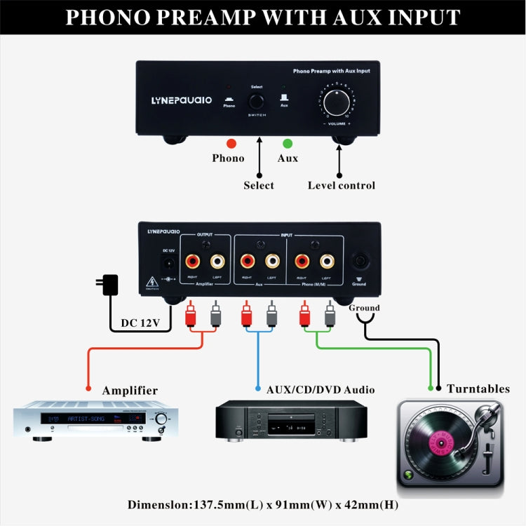 B855 LINEPAUDIO เครื่องขยายสัญญาณ Prephonograph สำหรับโทรศัพท์พร้อมอินพุตเสริมและการควบคุมระดับเสียง