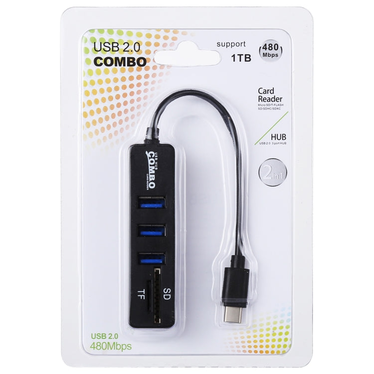 เครื่องอ่านการ์ด TF และ SD 2 in 1 + พอร์ต USB 3 พอร์ตเป็นตัวแปลง HUB USB-C / Type-C ความยาวรวม: 24 ซม., Type-C (Black), Type-C (White)