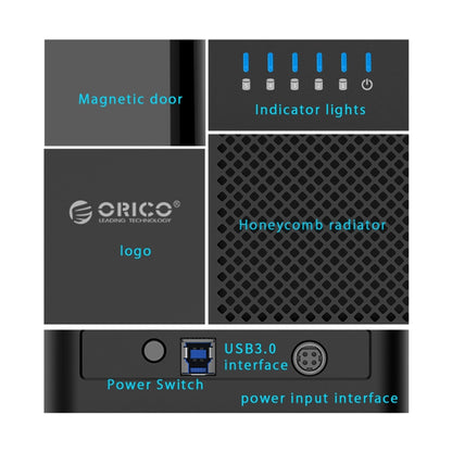 ORICO DS500U3 3.5 นิ้ว 5 Bay กล่องใส่ฮาร์ดไดรฟ์ USB 3.0 แบบแม่เหล็กพร้อมไฟ LED สีฟ้า, USB 3.0