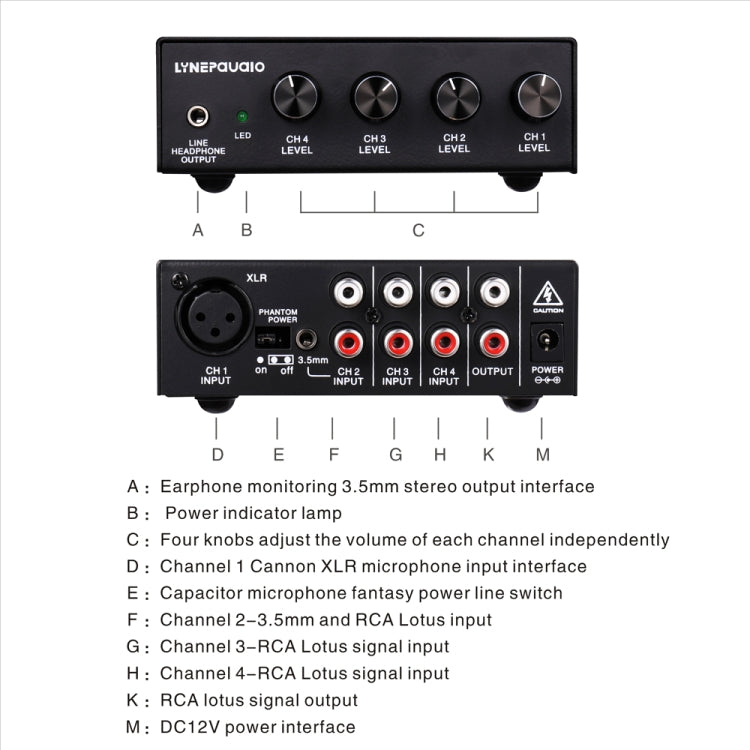 LINEPAUDIO B895 มิกเซอร์ไมโครโฟนสเตอริโอ 5 แชนเนลพร้อมการตรวจสอบหูฟัง
