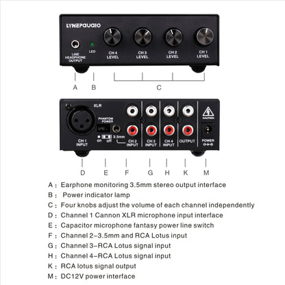 LINEPAUDIO B895 มิกเซอร์ไมโครโฟนสเตอริโอ 5 แชนเนลพร้อมการตรวจสอบหูฟัง