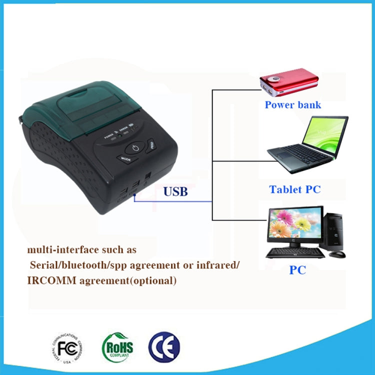 POS-5807 เครื่องพิมพ์ตั๋วบลูทูธความร้อนพอร์ต USB แบบพกพาขนาด 58 มม. ขนาดกระดาษความร้อนที่รองรับสูงสุด: 57x50 มม.