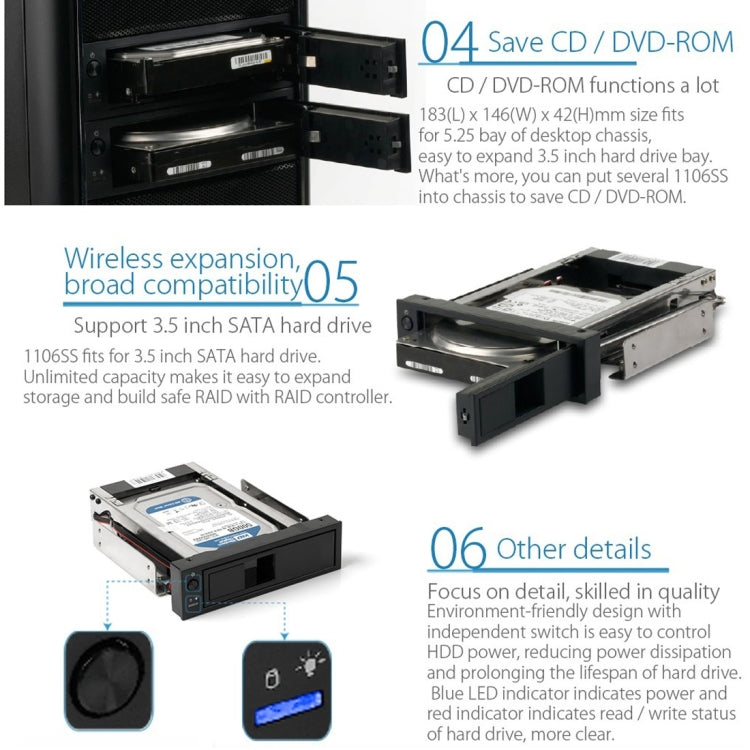 ORICO 1106SS CD-ROM Space HDD Mobile Rack ภายใน 3.5 นิ้ว HDD Convertor Enclosure