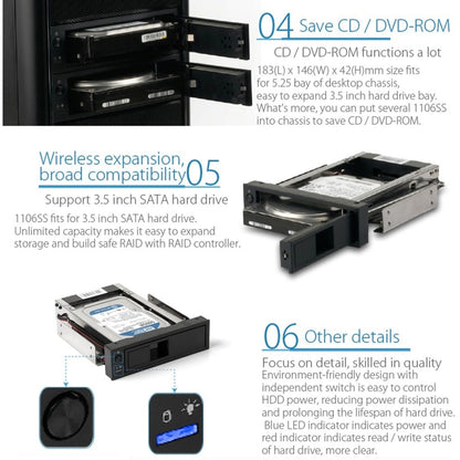 ORICO 1106SS CD-ROM Space HDD Mobile Rack ภายใน 3.5 นิ้ว HDD Convertor Enclosure