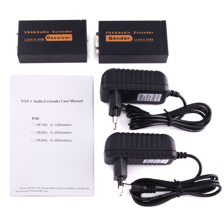 VGA และ Audio Extender 1920x1440 HD 100m Cat5e / 6-568B สายเคเบิลเครือข่ายอะแดปเตอร์รับสัญญาณผู้ส่ง, Transmission Distance: 100m