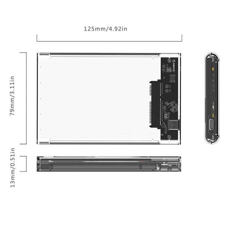 ORICO 2139C3-CR USB3.1 Type C โปร่งใสฮาร์ดดิสก์ภายนอกกล่องสำหรับ 9.5 มม.2.5 นิ้ว SATA HDD/SSD, USB 3.1 Type-C (2.5 inch)
