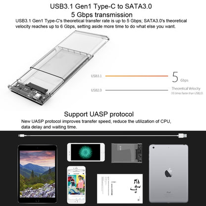 ORICO 2139C3-CR USB3.1 Type C โปร่งใสฮาร์ดดิสก์ภายนอกกล่องสำหรับ 9.5 มม.2.5 นิ้ว SATA HDD/SSD, USB 3.1 Type-C (2.5 inch)