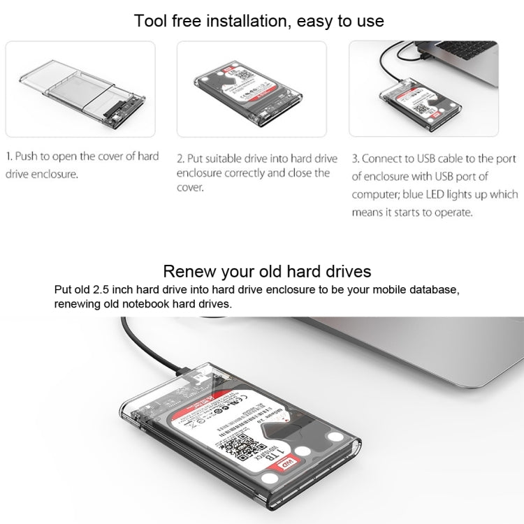 ORICO 2139C3-CR USB3.1 Type C โปร่งใสฮาร์ดดิสก์ภายนอกกล่องสำหรับ 9.5 มม.2.5 นิ้ว SATA HDD/SSD, USB 3.1 Type-C (2.5 inch)