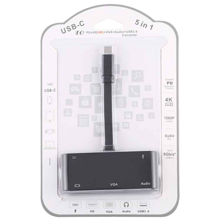 V126 UCB-C / Type-C ชายเป็น PD + HDMI + VGA + เสียง + USB 3.0 ตัวเมีย 5 ใน 1 Converter, 5 in 1