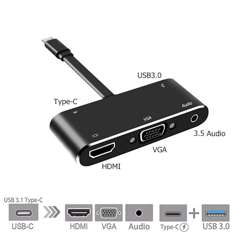 V126 UCB-C / Type-C ชายเป็น PD + HDMI + VGA + เสียง + USB 3.0 ตัวเมีย 5 ใน 1 Converter, 5 in 1