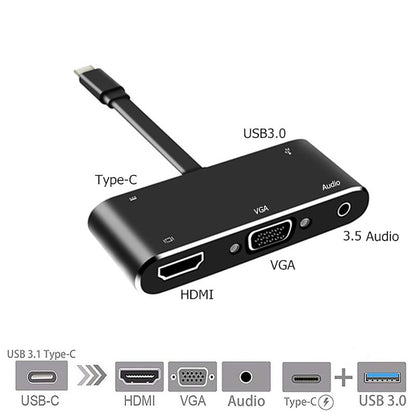 V126 UCB-C / Type-C ชายเป็น PD + HDMI + VGA + เสียง + USB 3.0 ตัวเมีย 5 ใน 1 Converter, 5 in 1