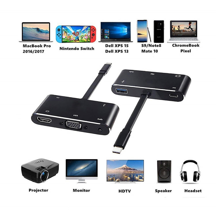 V126 UCB-C / Type-C ชายเป็น PD + HDMI + VGA + เสียง + USB 3.0 ตัวเมีย 5 ใน 1 Converter, 5 in 1