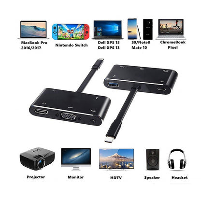 V126 UCB-C / Type-C ชายเป็น PD + HDMI + VGA + เสียง + USB 3.0 ตัวเมีย 5 ใน 1 Converter, 5 in 1