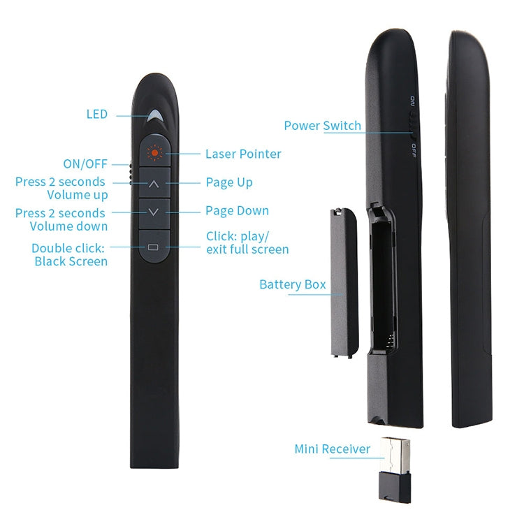 XM930 2.4GHz เลเซอร์ไร้สาย PowerPoint หน้าเปลี่ยนปากกามัลติมีเดียการนำเสนอไร้สายปากกาฉายภาพพร้อมตัวรับสัญญาณ USB สนับสนุนเตือนแบตเตอรี่ต่ำระยะการควบคุมระยะไกล: 100 เมตร, 100m White, 100m Black