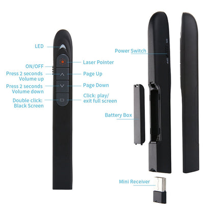 XM930 2.4GHz เลเซอร์ไร้สาย PowerPoint หน้าเปลี่ยนปากกามัลติมีเดียการนำเสนอไร้สายปากกาฉายภาพพร้อมตัวรับสัญญาณ USB สนับสนุนเตือนแบตเตอรี่ต่ำระยะการควบคุมระยะไกล: 100 เมตร, 100m White, 100m Black