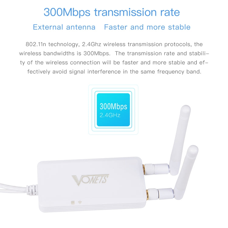 VONETS VAP11S 2.4G Mini Wireless Bridge 300Mbps WiFi Repeater พร้อม 2 เสาอากาศ, VAP11S