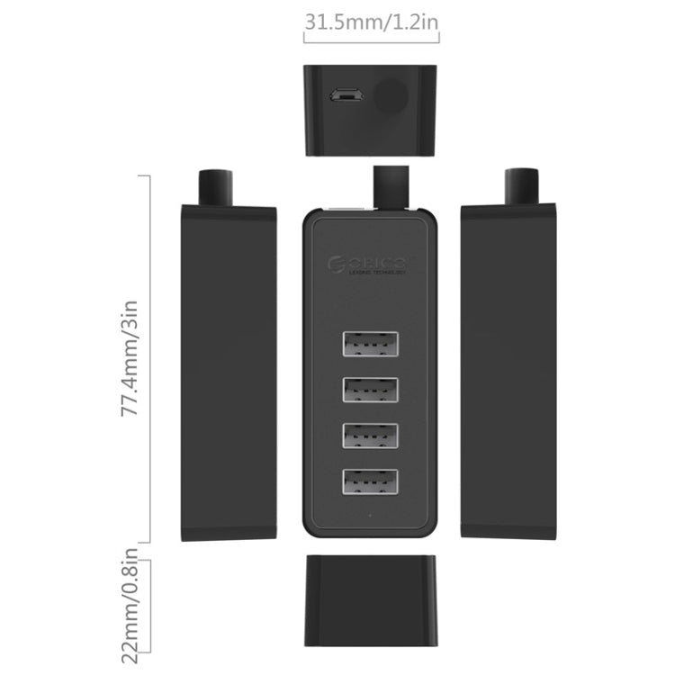 ORICO W5P-U2-100 USB 2.0 ฮับเดสก์ท็อปพร้อมสายไฟ Micro USB ขนาด 100 ซม., W5P-U2-100 Black