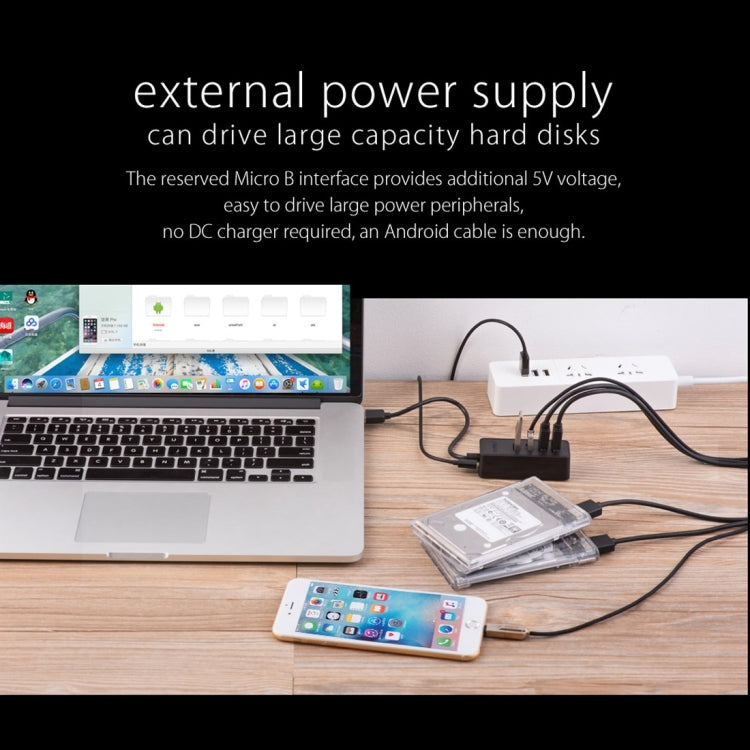 ORICO W5P-U2-100 USB 2.0 ฮับเดสก์ท็อปพร้อมสายไฟ Micro USB ขนาด 100 ซม., W5P-U2-100 Black