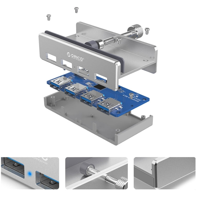 ORICO MH4PU อลูมิเนียมอัลลอยด์ 4 พอร์ต USB 3.0 HUB แบบคลิปพร้อมสาย USB ยาว 1 ม. ช่วงความกว้างของคลิป: 10-32 มม. (สีดำ), MH4PU(Black), MH4PU(Silver)