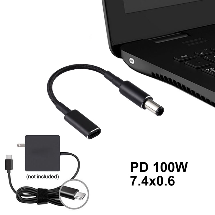PD 100W 18.5-20V 7.4 x 0.6 มม. ถึง USB-C / Type-C อะแดปเตอร์สายถักไนลอนสำหรับ HP, 7.4 x 0.6mm