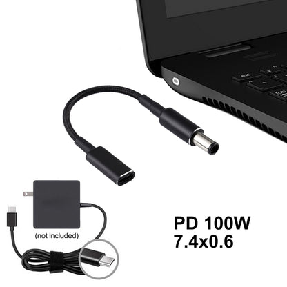 PD 100W 18.5-20V 7.4 x 0.6 มม. ถึง USB-C / Type-C อะแดปเตอร์สายถักไนลอนสำหรับ HP, 7.4 x 0.6mm