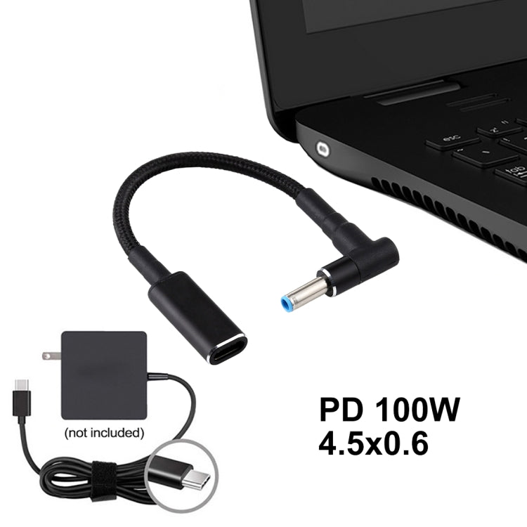 PD 100W 18.5-20V 4.5 x 0.6 มม. ข้อศอกสำหรับอะแดปเตอร์ USB-C / Type-C สายถักไนลอนสำหรับ HP, 4.5 x 0.6mm