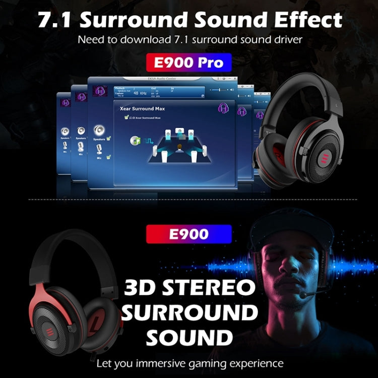 EKSA E900 Pro 7.1 ชุดหูฟังสำหรับเล่นเกมส่องสว่าง USB แบบมีสายสำหรับเล่นเกมพร้อมไมโครโฟน, E900 Pro