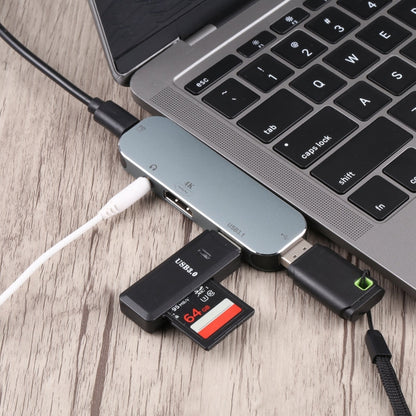 5 in 1 USB-C / Type-C ตัวผู้เป็น PD USB-C / Type-C การชาร์จ + 3.5 มม. AUX + 4K HDMI + USB 3.1 + อะแดปเตอร์ USB หญิง, 4K HDMI