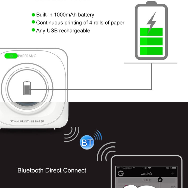 PAPERANG P1 แบบพกพา ABS Bluetooth 4.0 เครื่องพิมพ์ความร้อนโทรศัพท์เครื่องพิมพ์การเชื่อมต่อไร้สาย, P1 White