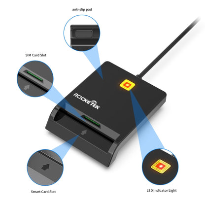 Rcoketek CR301 เครื่องอ่านการ์ดสมาร์ท CAC USB 2.0 บัตรธนาคารซิมการ์ดเครื่องอ่านภาษี, USB