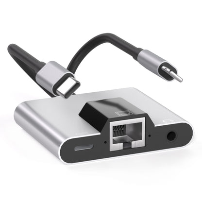 NK-1056Pro 3 in 1 8 Pin USB-C / Type-C ชายถึง 8 Pin ชาร์จ อีเธอร์เน็ต อะแดปเตอร์หูฟังขนาด 3.5 มม. หญิง, NK-1056Pro