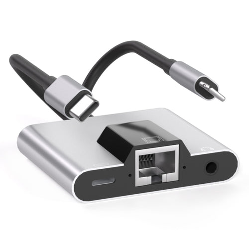 NK-1056Pro 3 in 1 8 Pin USB-C / Type-C ชายถึง 8 Pin ชาร์จ อีเธอร์เน็ต อะแดปเตอร์หูฟังขนาด 3.5 มม. หญิง, NK-1056Pro
