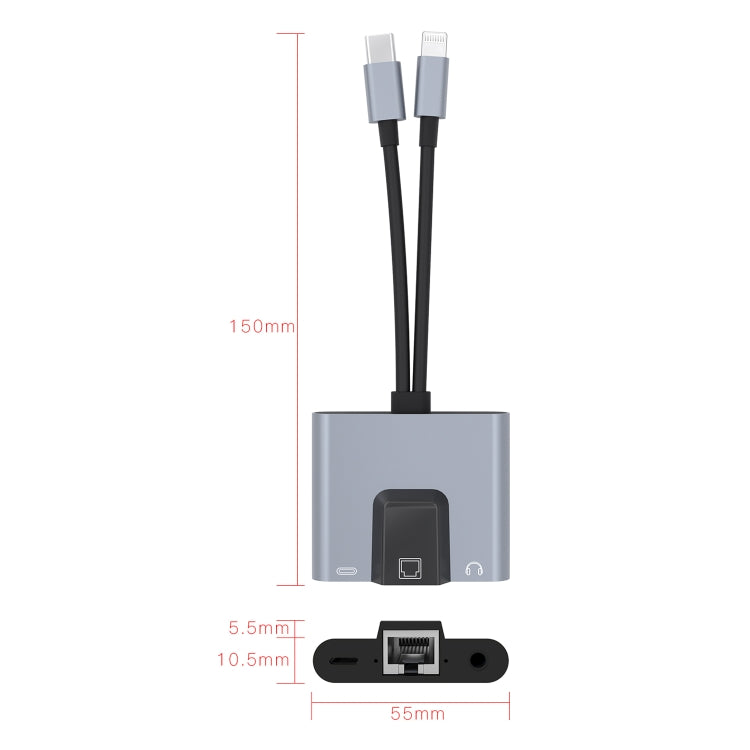 NK-1056Pro 3 in 1 8 Pin USB-C / Type-C ชายถึง 8 Pin ชาร์จ อีเธอร์เน็ต อะแดปเตอร์หูฟังขนาด 3.5 มม. หญิง, NK-1056Pro