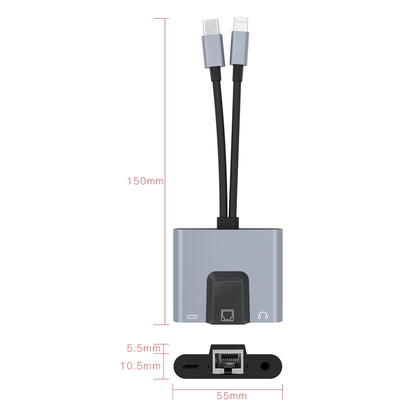 NK-1056Pro 3 in 1 8 Pin USB-C / Type-C ชายถึง 8 Pin ชาร์จ อีเธอร์เน็ต อะแดปเตอร์หูฟังขนาด 3.5 มม. หญิง, NK-1056Pro