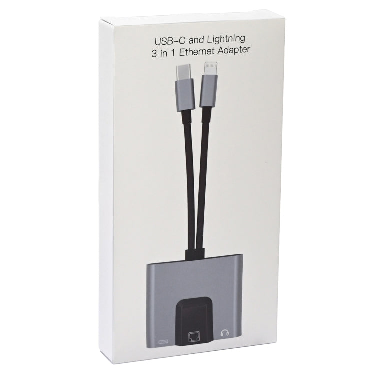NK-1056Pro 3 in 1 8 Pin USB-C / Type-C ชายถึง 8 Pin ชาร์จ อีเธอร์เน็ต อะแดปเตอร์หูฟังขนาด 3.5 มม. หญิง, NK-1056Pro