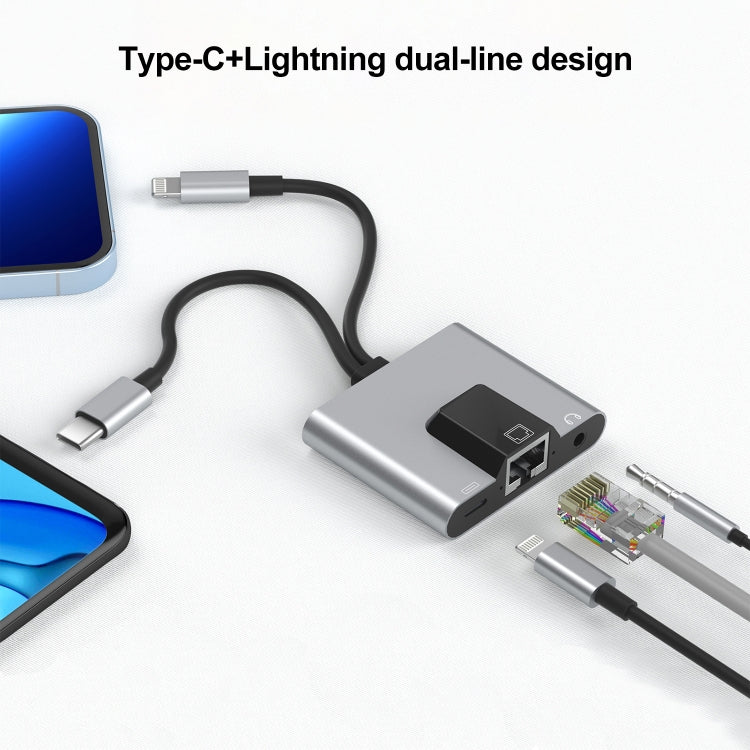 NK-1056Pro 3 in 1 8 Pin USB-C / Type-C ชายถึง 8 Pin ชาร์จ อีเธอร์เน็ต อะแดปเตอร์หูฟังขนาด 3.5 มม. หญิง, NK-1056Pro