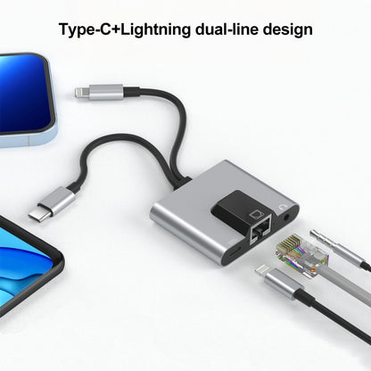 NK-1056Pro 3 in 1 8 Pin USB-C / Type-C ชายถึง 8 Pin ชาร์จ อีเธอร์เน็ต อะแดปเตอร์หูฟังขนาด 3.5 มม. หญิง, NK-1056Pro