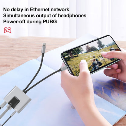 NK-1056Pro 3 in 1 8 Pin USB-C / Type-C ชายถึง 8 Pin ชาร์จ อีเธอร์เน็ต อะแดปเตอร์หูฟังขนาด 3.5 มม. หญิง, NK-1056Pro