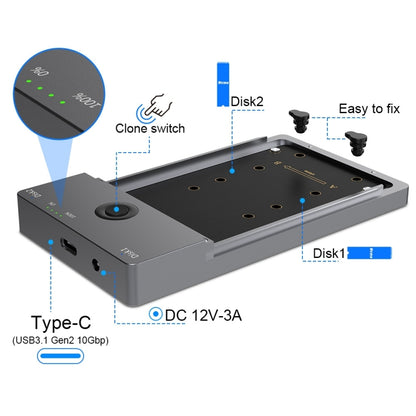 Rocketek ME921 USB3.1 Gen2 Dual M.2 โซลิดสเตทไดรฟ์กล่อง NVMe Docking Station, ปลั๊ก EU, EU Plug