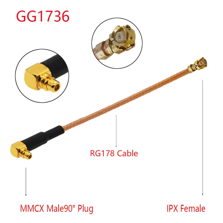 IPX หญิงถึง GG1736 MMCX หญิงข้อศอก RG178 สายอะแดปเตอร์, ความยาว: 15 ซม., IPX to GG1736 MMCX Male