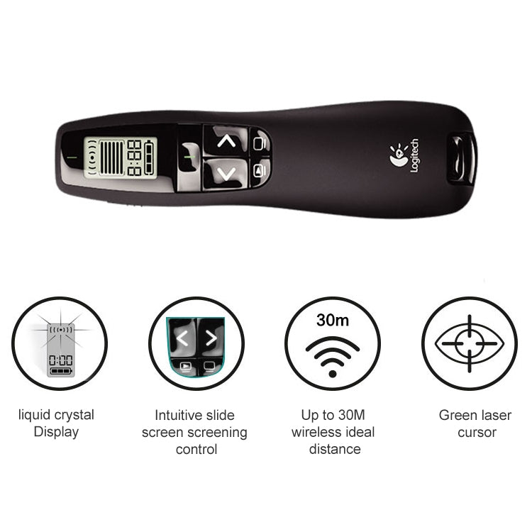 Logitech R800 2.4Ghz USB พรีเซนเตอร์ไร้สาย PPT รีโมทคอนโทรล Flip Pen, R800