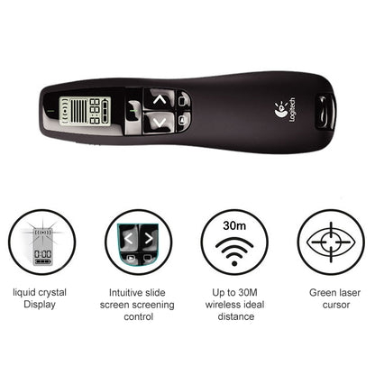 Logitech R800 2.4Ghz USB พรีเซนเตอร์ไร้สาย PPT รีโมทคอนโทรล Flip Pen, R800