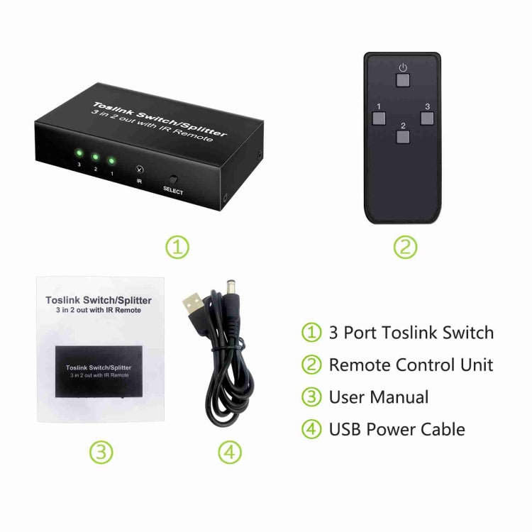 NK-T32 Toslink 3 In 2 Out Switch/Splitter พร้อมรีโมท IR