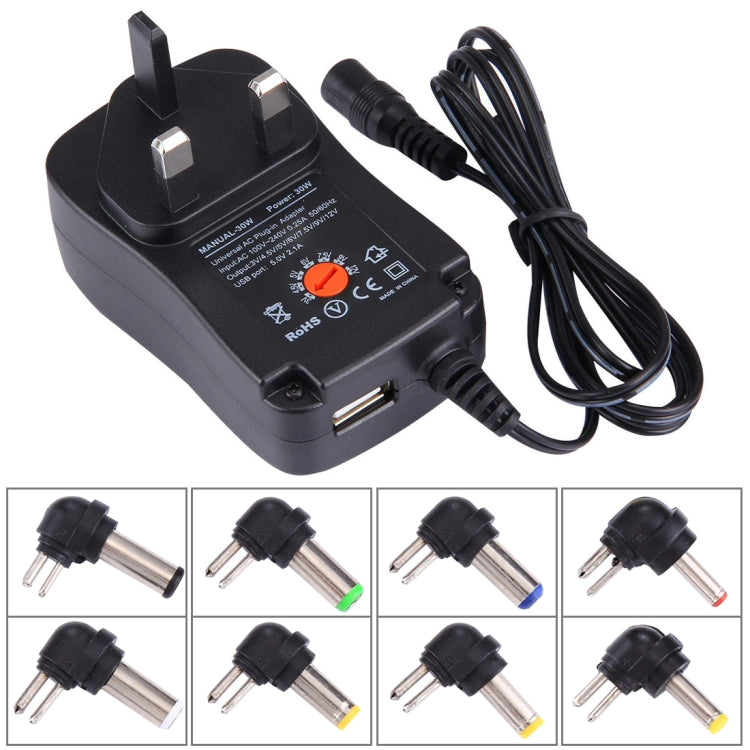 UK Plug Universal 30W Power Wall Plug-in Adapter พร้อมพอร์ต USB 5V 2.1A, เคล็ดลับ: 8 ชิ้น, ความยาวสายเคเบิล: ประมาณ 1.2 ม., UK Plug