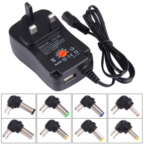 UK Plug Universal 30W Power Wall Plug-in Adapter พร้อมพอร์ต USB 5V 2.1A, เคล็ดลับ: 8 ชิ้น, ความยาวสายเคเบิล: ประมาณ 1.2 ม., UK Plug
