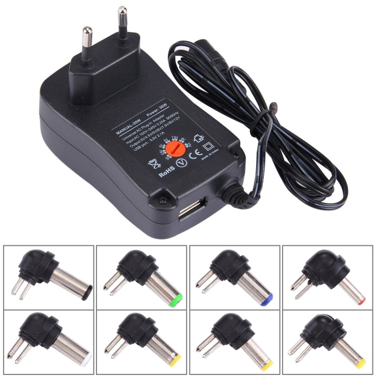 EU Plug Universal 30W Power Wall Plug-in Adapter พร้อมพอร์ต USB 5V 2.1A เคล็ดลับ: 6 ชิ้น ความยาวสายเคเบิล: ประมาณ 1.2 ม., EU Plug