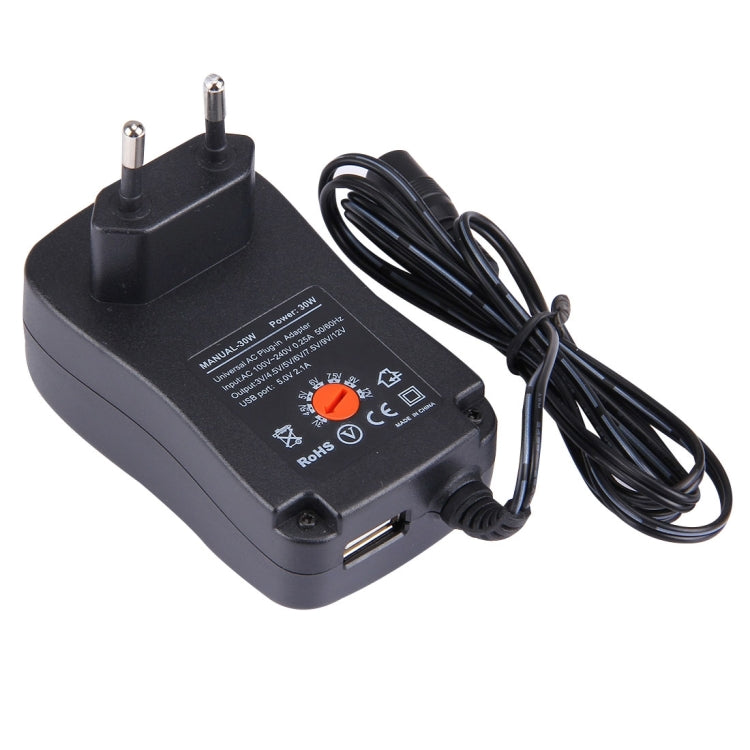EU Plug Universal 30W Power Wall Plug-in Adapter พร้อมพอร์ต USB 5V 2.1A เคล็ดลับ: 6 ชิ้น ความยาวสายเคเบิล: ประมาณ 1.2 ม., EU Plug