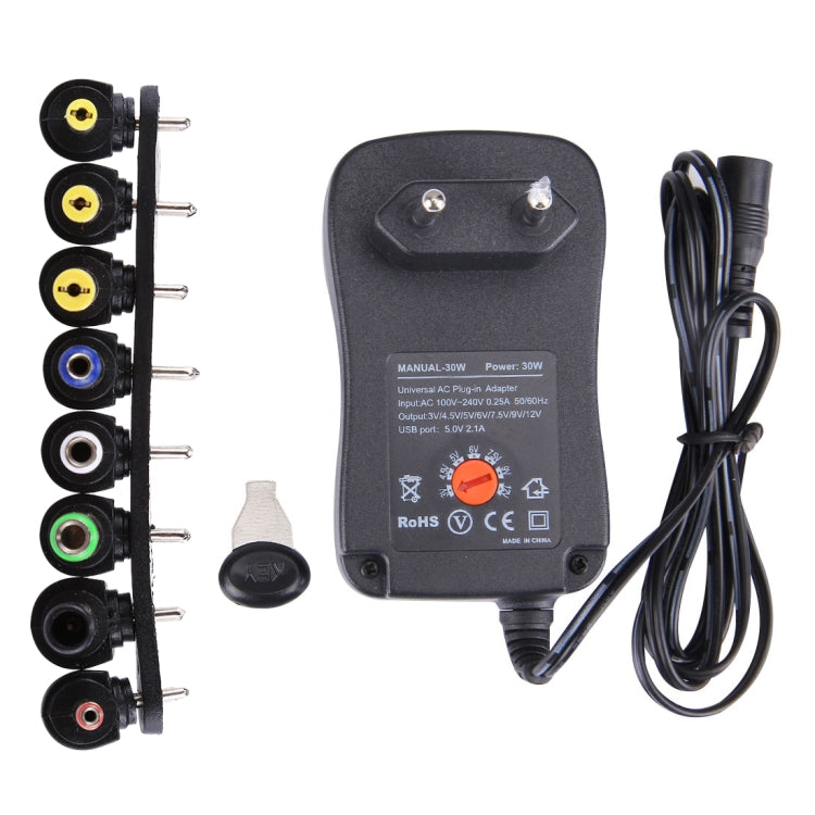 EU Plug Universal 30W Power Wall Plug-in Adapter พร้อมพอร์ต USB 5V 2.1A เคล็ดลับ: 6 ชิ้น ความยาวสายเคเบิล: ประมาณ 1.2 ม., EU Plug